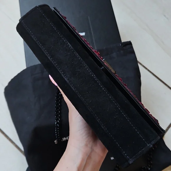 💖 YSL Saint Laurent Kate Pink Sequin Black Suede Crossbody Bag Matte Black HW - Picture 10 of 17